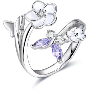 YFN Sterling Silver Butterfly Rings Cubic Zirconia Flower Adjuastable Band Jewelry for Women(Light Purple- Alexandrite)