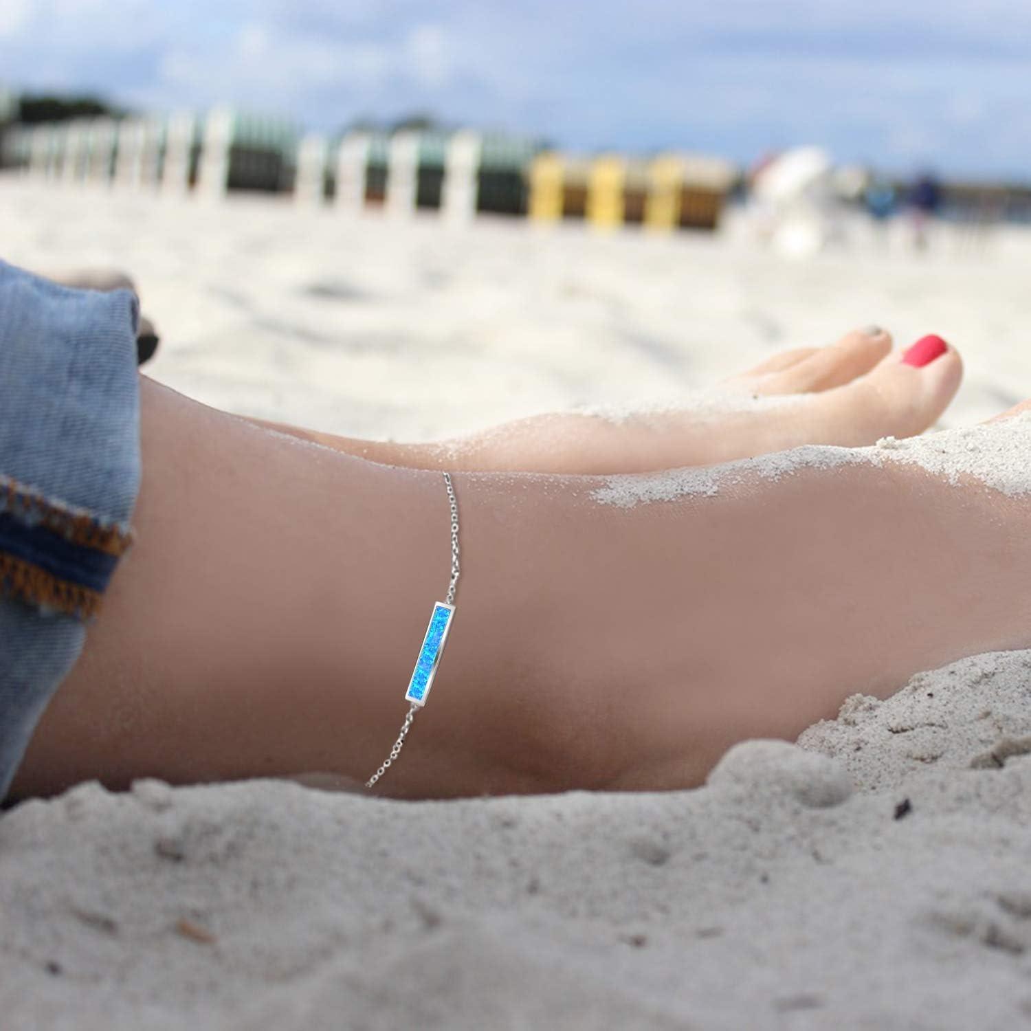 image:imageSterling Silver Created Opal Anklets Dainty Foot Ankle Bracelets for WomenBlue Barsilver