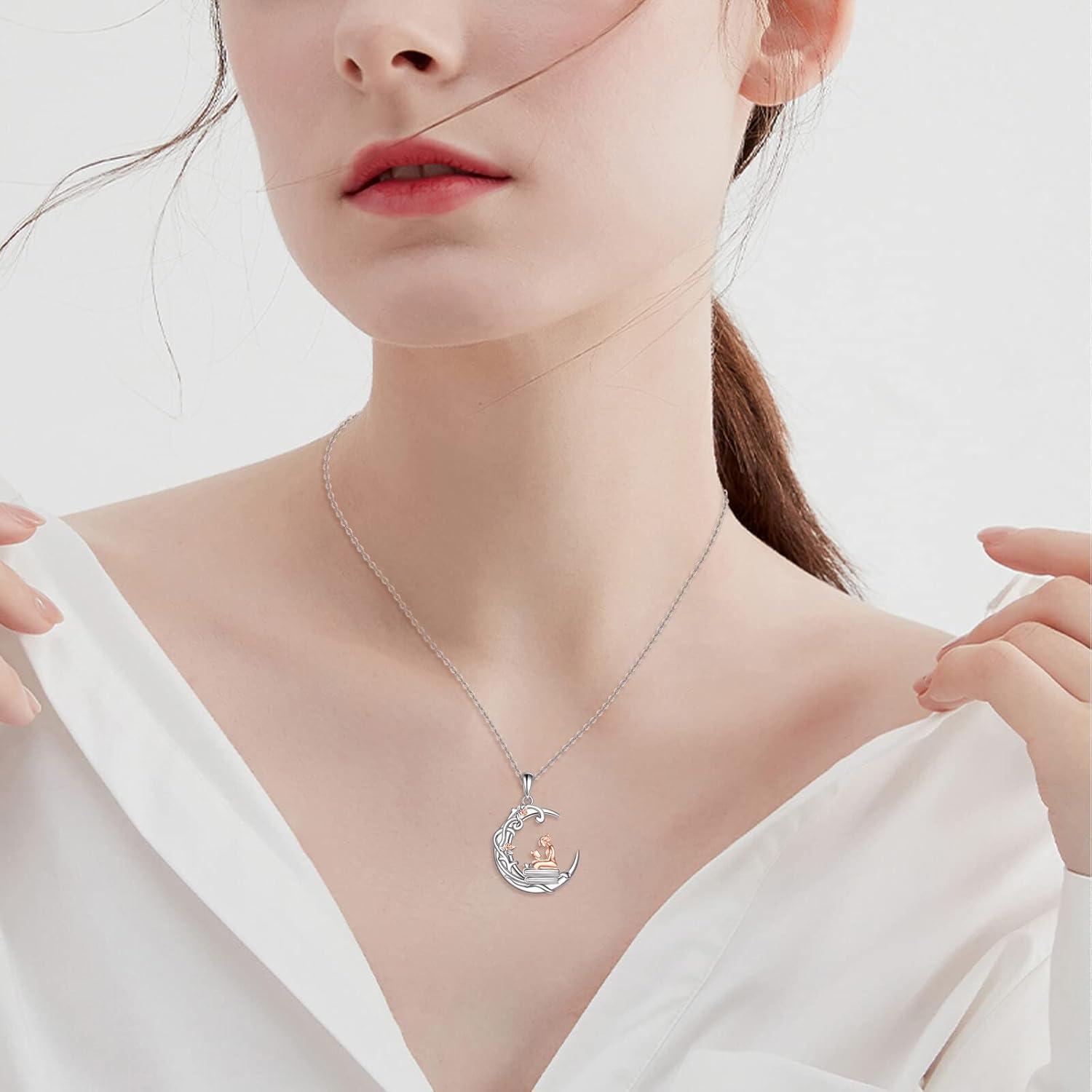 image:imageYFN 925 Sterling Silver Book Lover Necklace Reading Pendant for Women Graduation Gift Jewelry for Student Friends ClassmateA02 Moon and Girl
