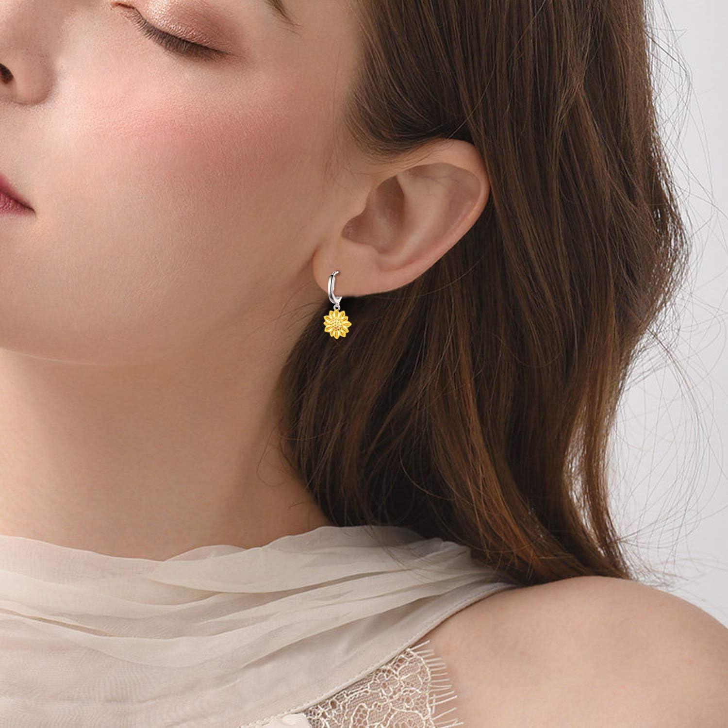 image:imageYFN Gold Sunflower Earrings Sterling Silver Sunflower Dangle Huggie Hoop Earrings Jewelry Gifts for Women