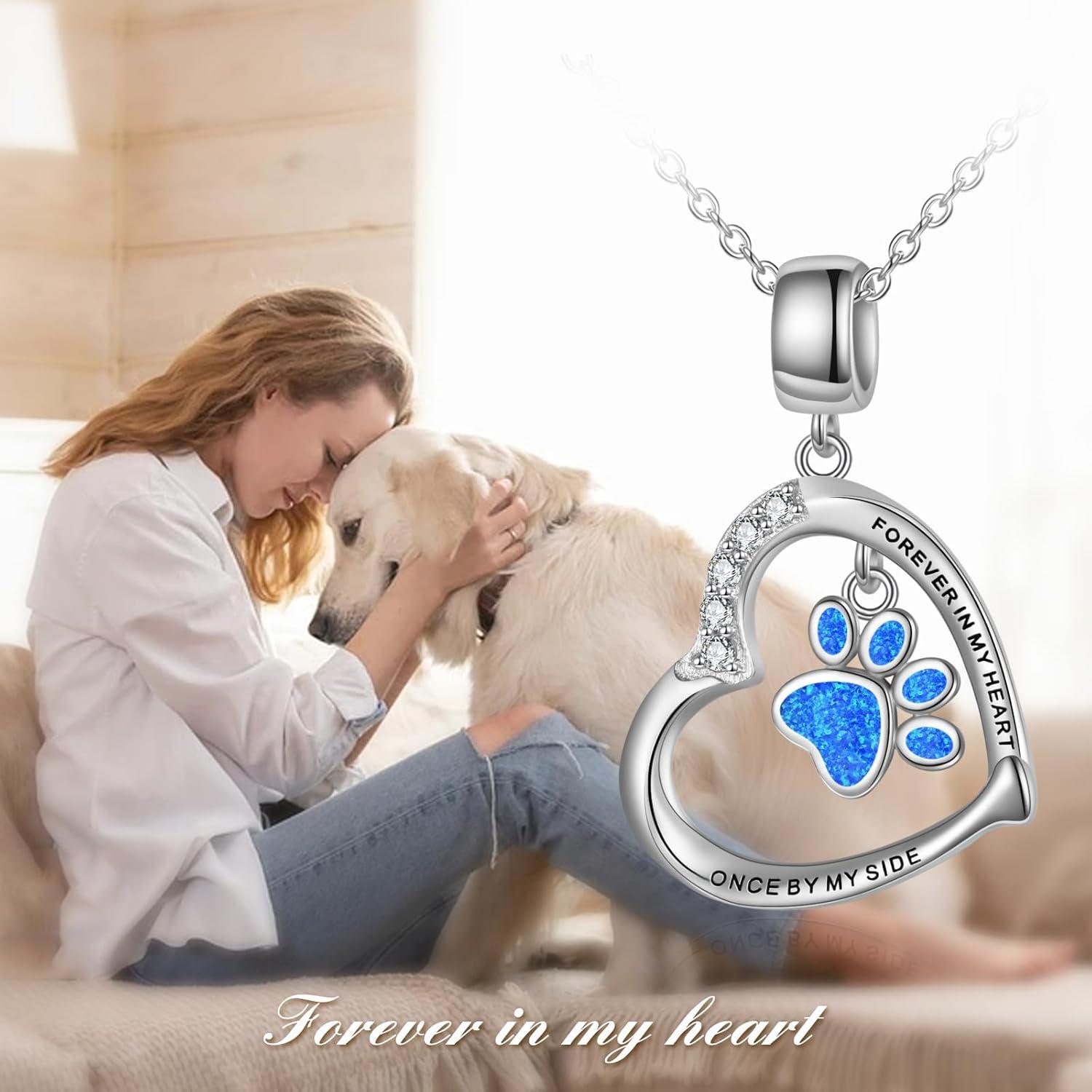 image:imageYFN Paw Print Necklace Sterling Silver Dog Cat Charms Pendant Cremation Jewelry Cat Dog Memorial Gifts for Women GirlsBlue Opal