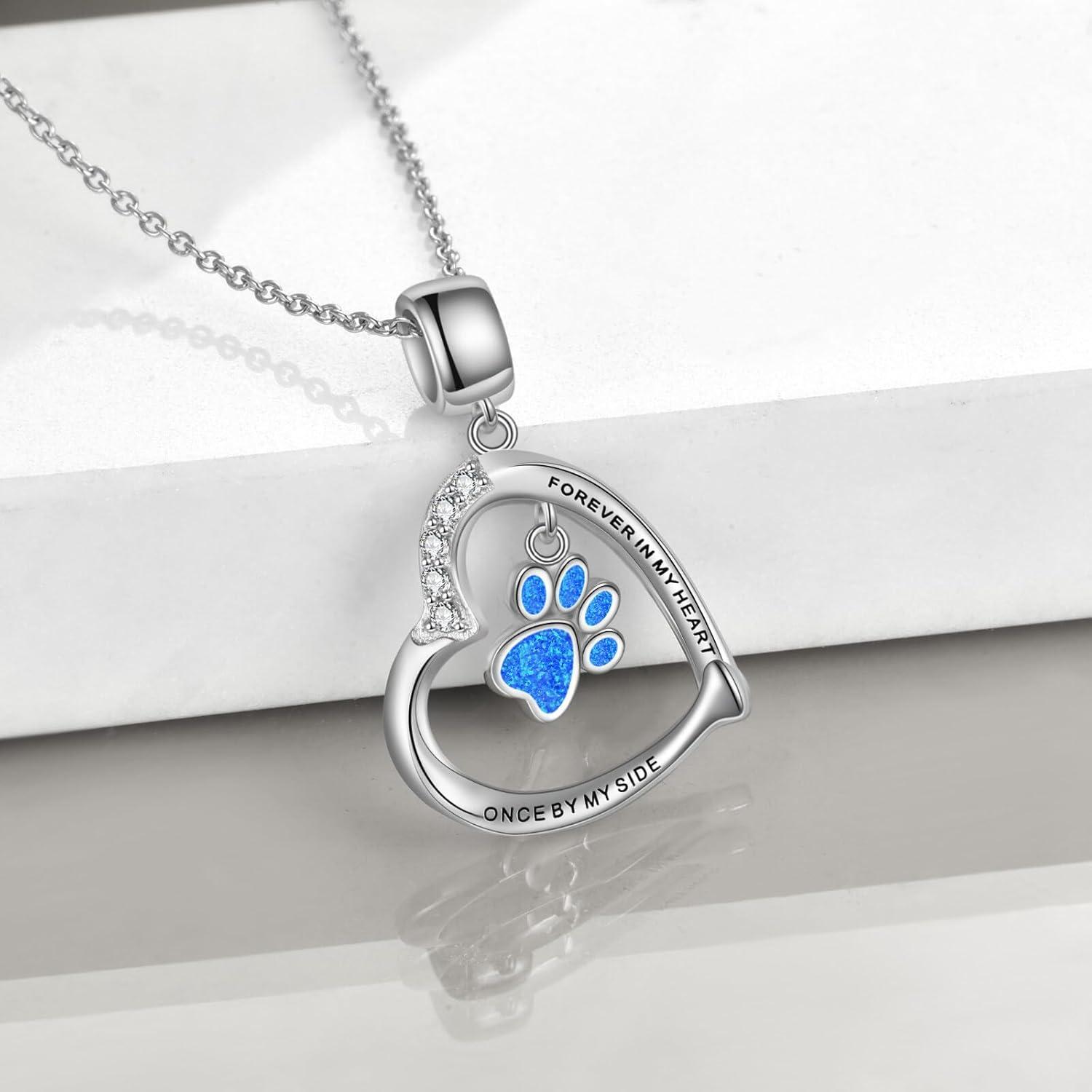image:imageYFN Paw Print Necklace Sterling Silver Dog Cat Charms Pendant Cremation Jewelry Cat Dog Memorial Gifts for Women GirlsBlue Opal