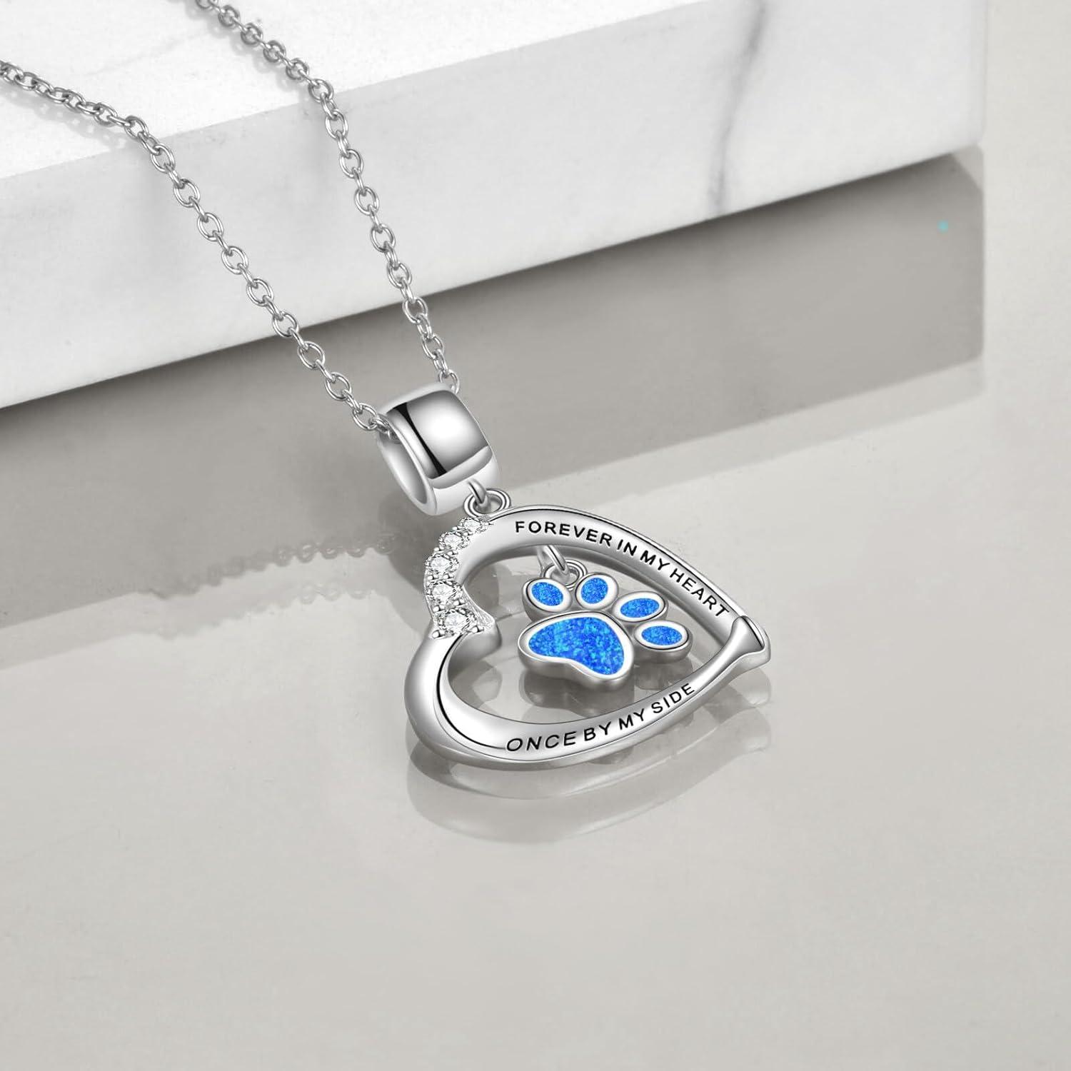 image:imageYFN Paw Print Necklace Sterling Silver Dog Cat Charms Pendant Cremation Jewelry Cat Dog Memorial Gifts for Women GirlsBlue Opal