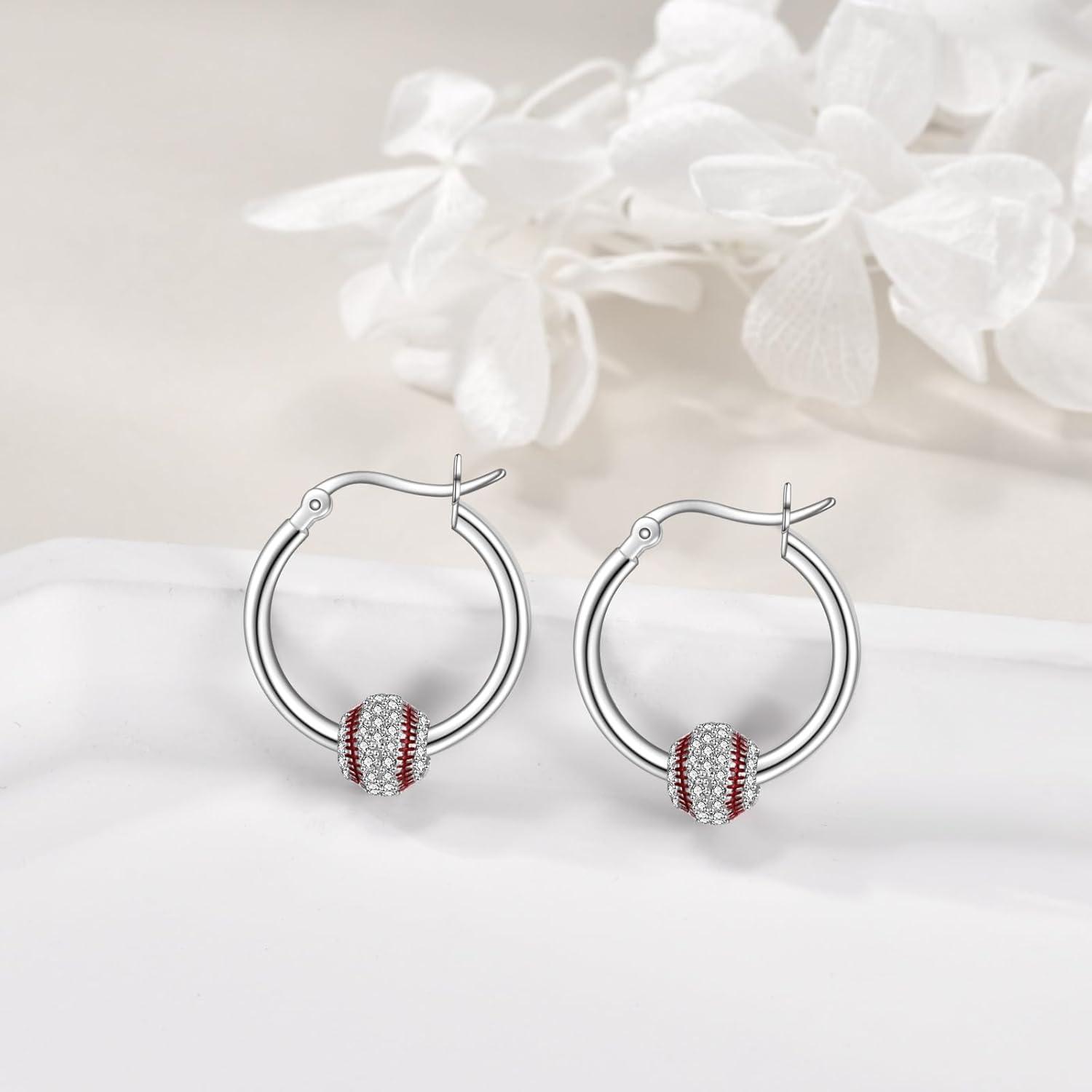 image:imageYFN Soccer Baseball Football Softball Basketball Pickleball Hoop Earrings Sterling Silver Small Huggie Hoop Earrings Gifts for Sensitive EarsBaseball Earrings