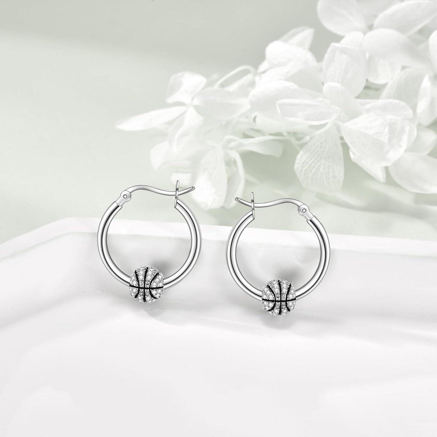 image:imageYFN Soccer Baseball Football Softball Basketball Pickleball Hoop Earrings Sterling Silver Small Huggie Hoop Earrings Gifts for Sensitive EarsBasketball Earrings