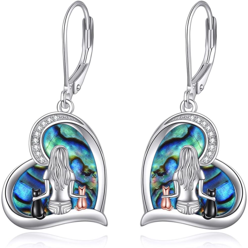 image:imageYFN Cat Earrings Sterling Silver Dangle Drop Leverback Earrings Jewelry Gifts for WomenAbaloneCat Earrings