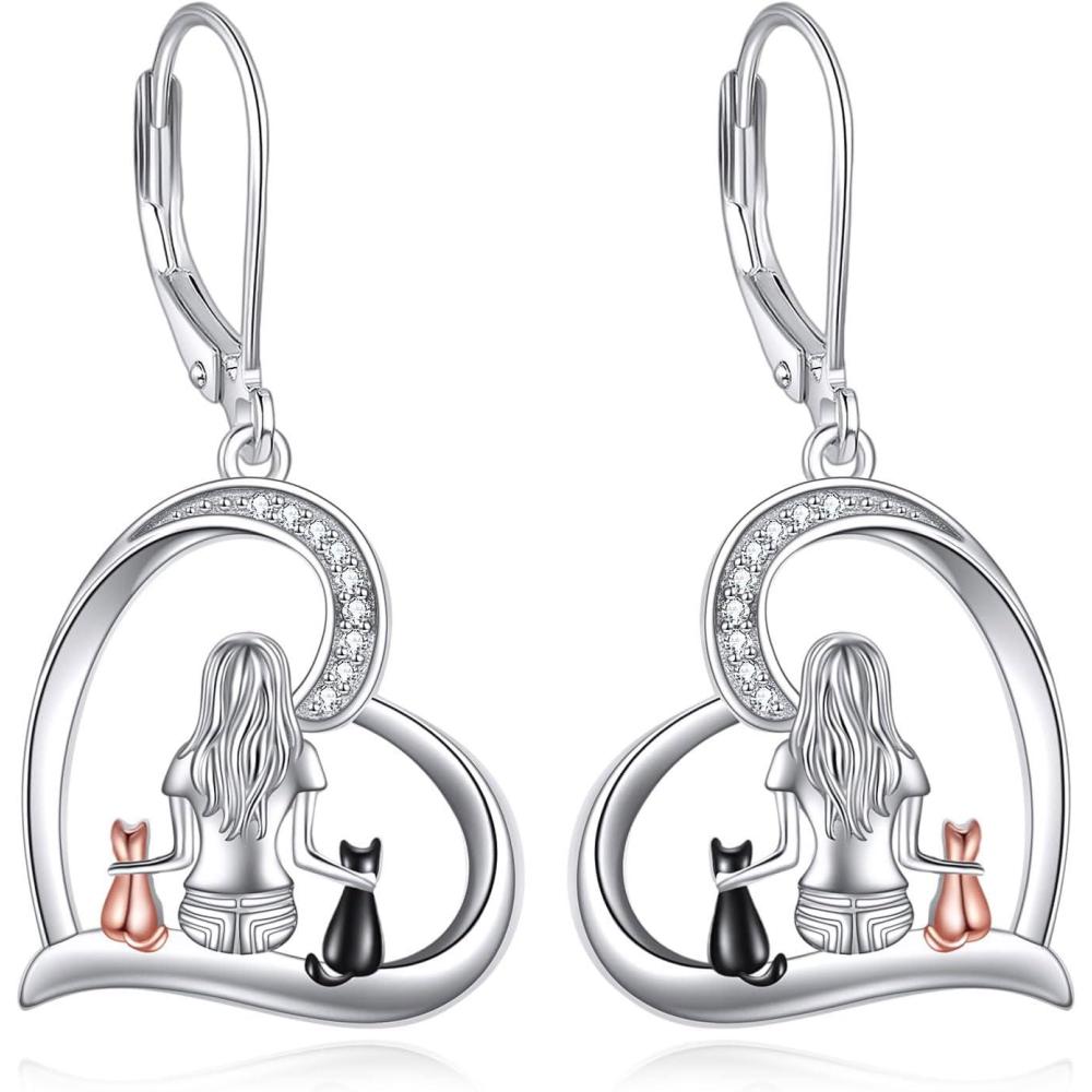 image:imageYFN Cat Earrings Sterling Silver Dangle Drop Leverback Earrings Jewelry Gifts for WomenSilverCat Earrings