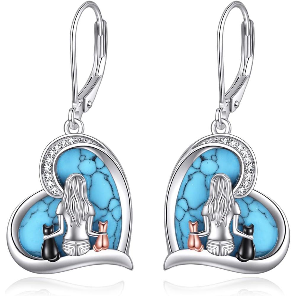 image:imageYFN Cat Earrings Sterling Silver Dangle Drop Leverback Earrings Jewelry Gifts for WomenTurquoiseCat Earrings