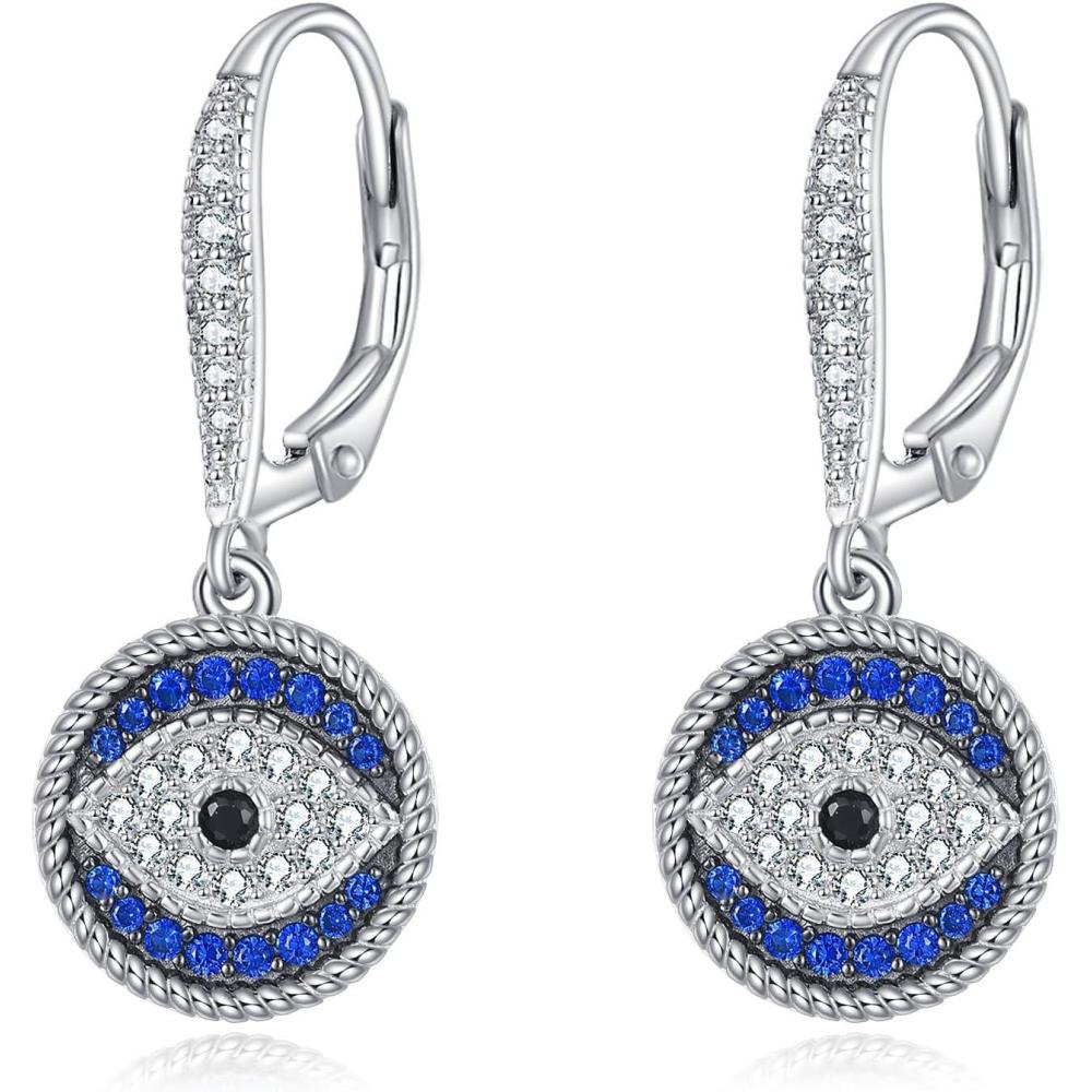 image:imageYFN Evil Eye Earrings for Women Sterling Silver Eye Dangle Earrings Minimalis Jewelry GiftsSilverEvil Eye Earrings Dark Blue