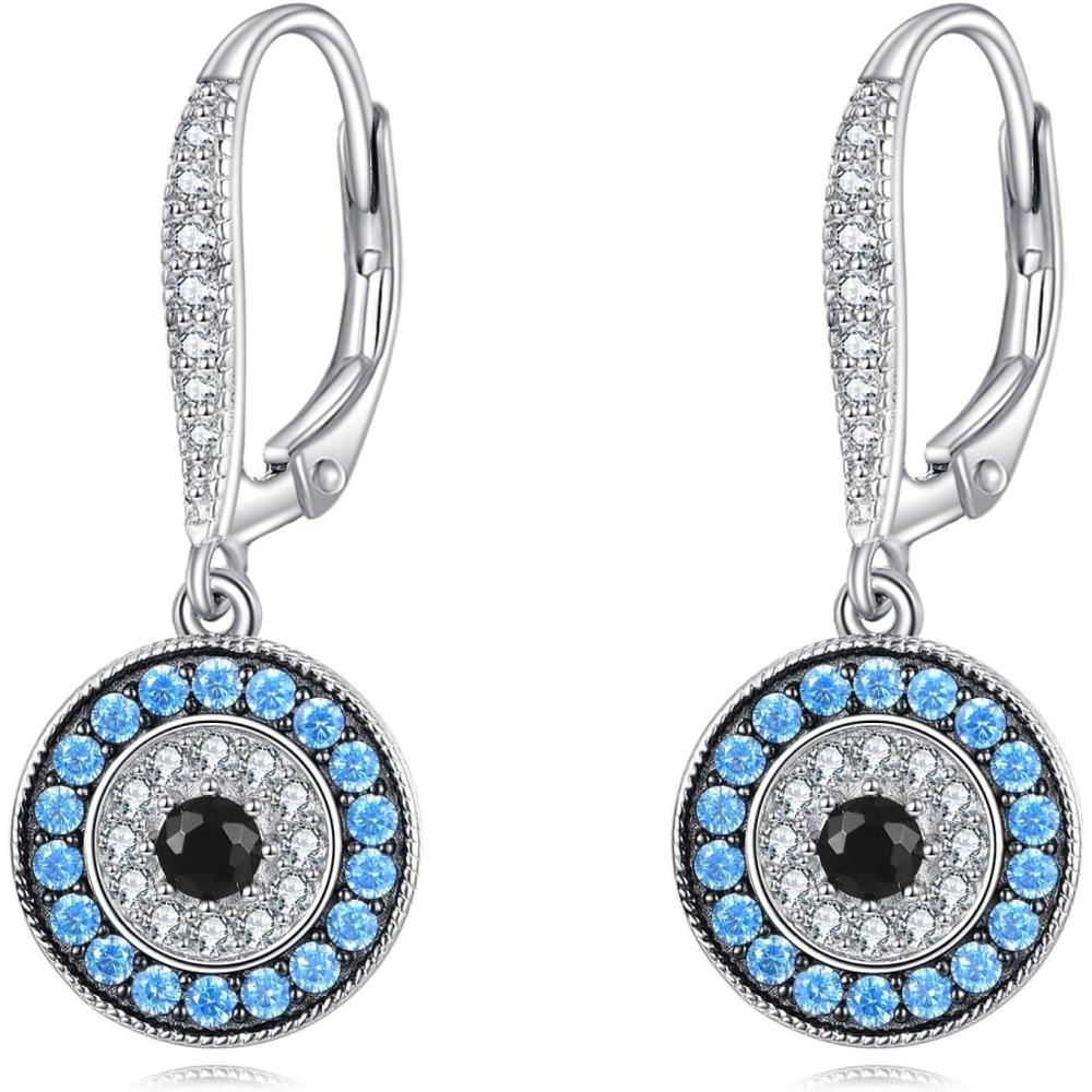 image:imageYFN Evil Eye Earrings for Women Sterling Silver Eye Dangle Earrings Minimalis Jewelry GiftsSilverEvil Eye Earrings Light Blue