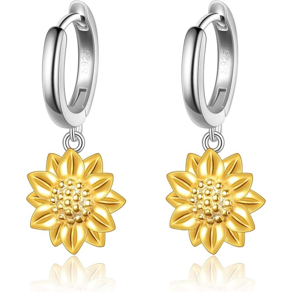image:imageYFN Gold Sunflower Earrings Sterling Silver Sunflower Dangle Huggie Hoop Earrings Jewelry Gifts for Women