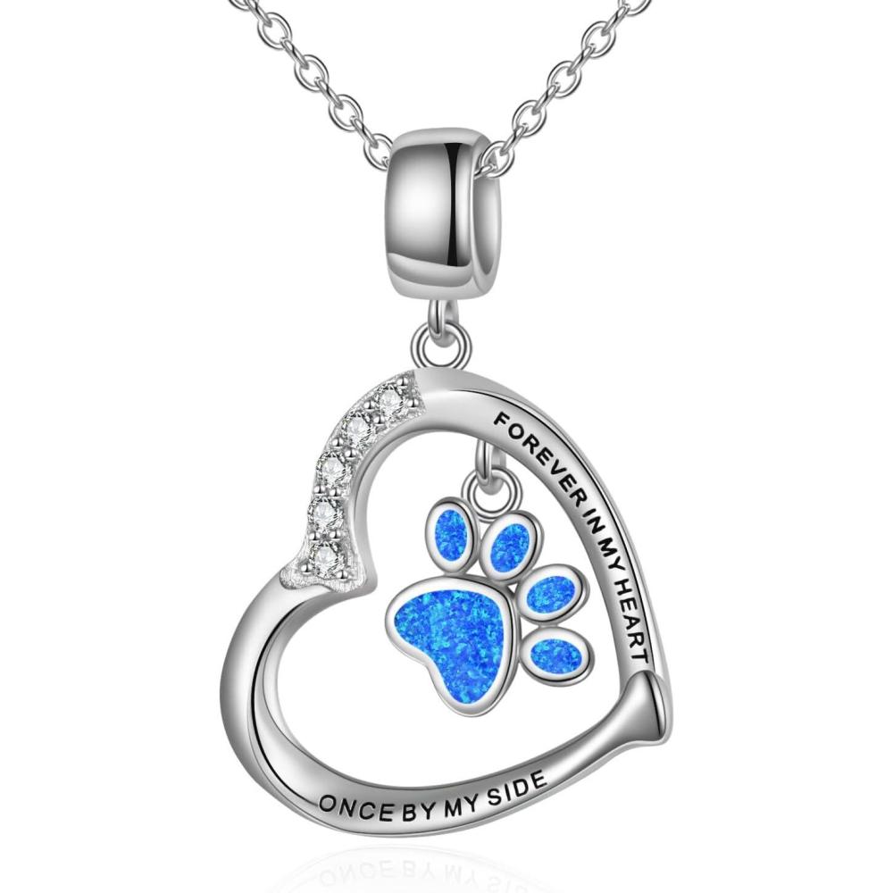 image:imageYFN Paw Print Necklace Sterling Silver Dog Cat Charms Pendant Cremation Jewelry Cat Dog Memorial Gifts for Women GirlsBlue Opal