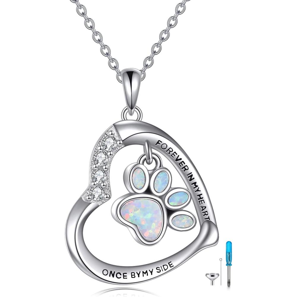 image:imageYFN Paw Print Necklace Sterling Silver Dog Cat Charms Pendant Cremation Jewelry Cat Dog Memorial Gifts for Women GirlsWhite Opal Paw Urn