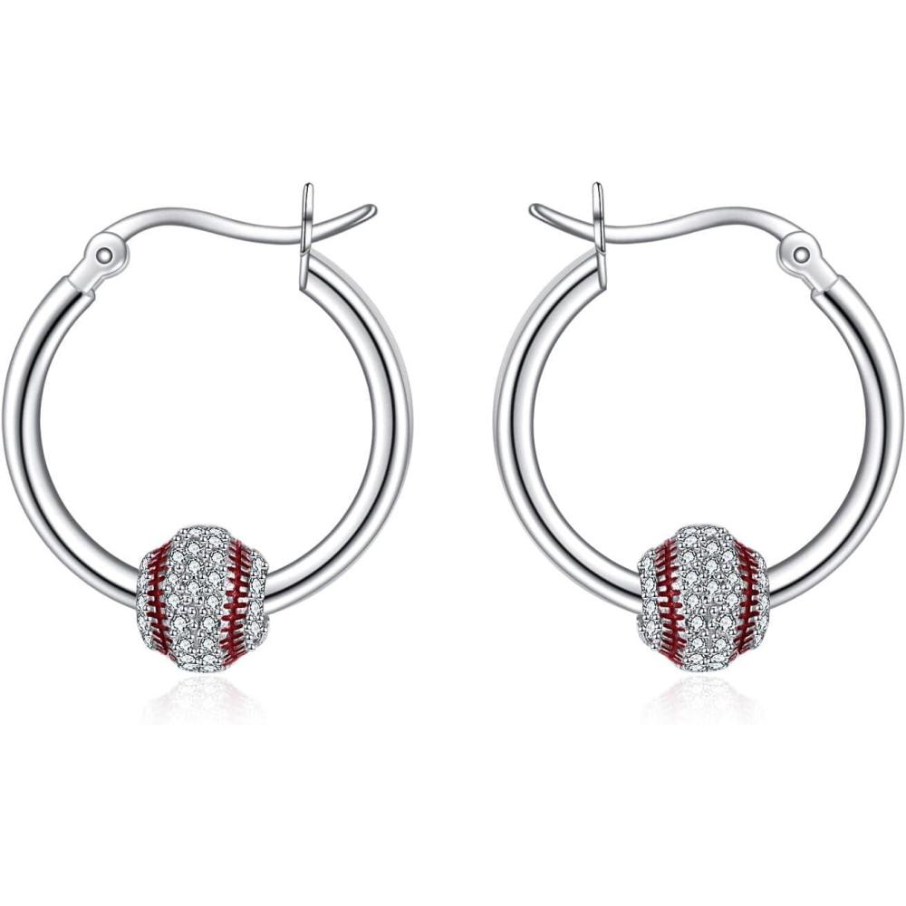 image:imageYFN Soccer Baseball Football Softball Basketball Pickleball Hoop Earrings Sterling Silver Small Huggie Hoop Earrings Gifts for Sensitive EarsBaseball Earrings