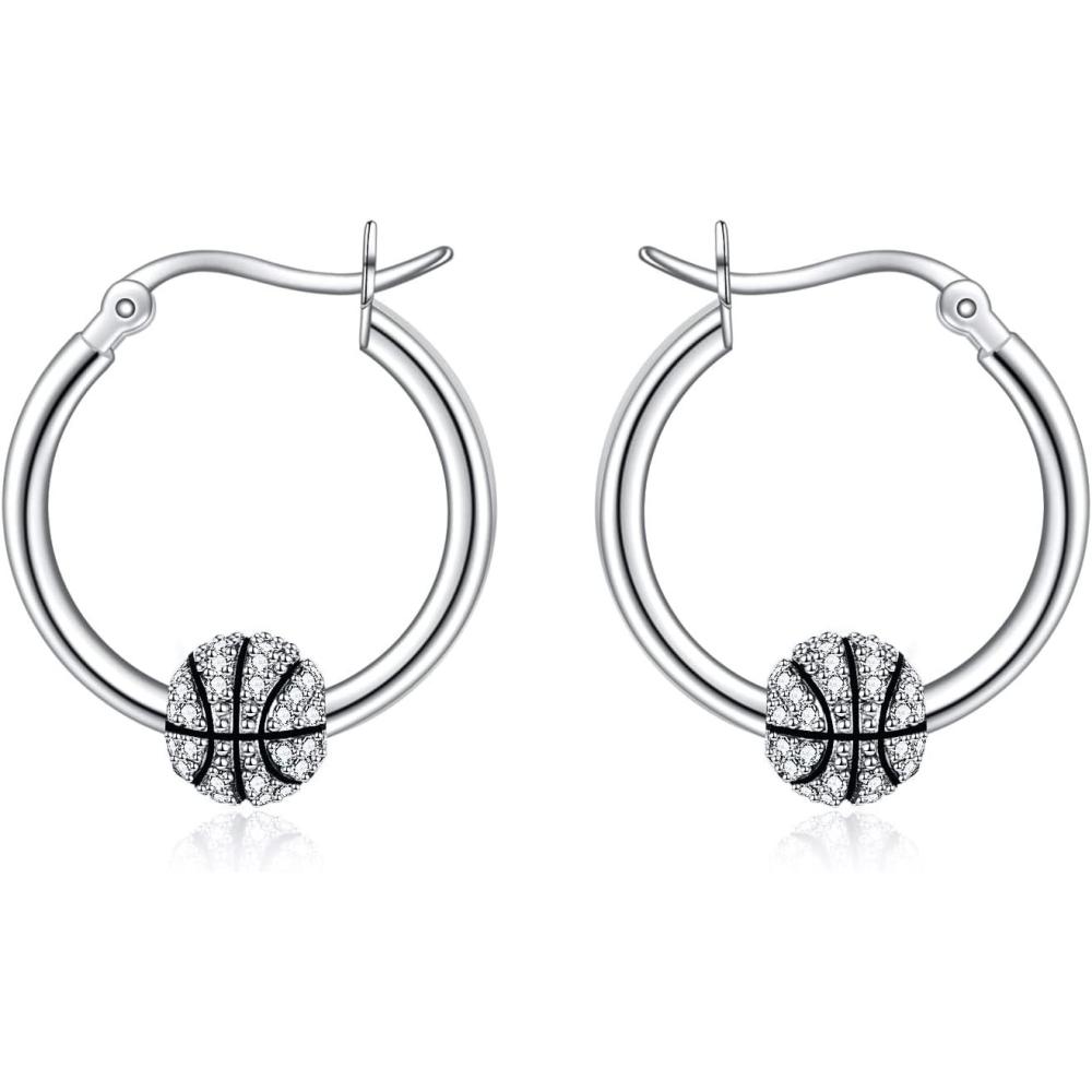 image:imageYFN Soccer Baseball Football Softball Basketball Pickleball Hoop Earrings Sterling Silver Small Huggie Hoop Earrings Gifts for Sensitive EarsBasketball Earrings