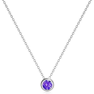 925 Sterling Silver Solitaire Cubic Zirconia Necklace for Women Teen Girls(February – Purple)