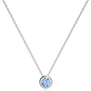 925 Sterling Silver Solitaire Cubic Zirconia Necklace for Women Teen Girls(March – Light Blue)