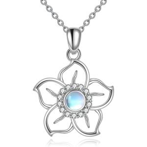 Flower Moonstone Necklace Sterling Silver Sky Flower Pendant Moonstone Jewelry for Women Teen Girls(Flower)
