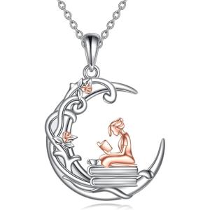 YFN 925 Sterling Silver Book Lover Necklace Reading Pendant for Women Graduation Gift Jewelry for Student Friends Classmate(A02 Moon and Girl)