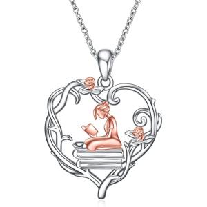 YFN 925 Sterling Silver Book Lover Necklace Reading Pendant for Women Graduation Gift Jewelry for Student Friends Classmate(A03 Reading-2)