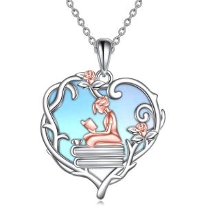 YFN 925 Sterling Silver Book Lover Necklace Reading Pendant for Women Graduation Gift Jewelry for Student Friends Classmate(A05 Moonstone)