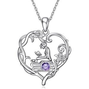 YFN 925 Sterling Silver Book Lover Necklace Reading Pendant for Women Graduation Gift Jewelry for Student Friends Classmate(B02 February)