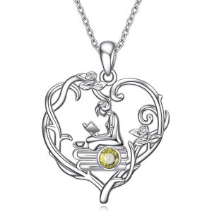YFN 925 Sterling Silver Book Lover Necklace Reading Pendant for Women Graduation Gift Jewelry for Student Friends Classmate(B08 August)