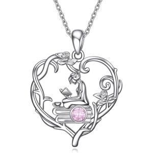 YFN 925 Sterling Silver Book Lover Necklace Reading Pendant for Women Graduation Gift Jewelry for Student Friends Classmate(B10 October)