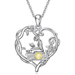 YFN 925 Sterling Silver Book Lover Necklace Reading Pendant for Women Graduation Gift Jewelry for Student Friends Classmate(B11 November)