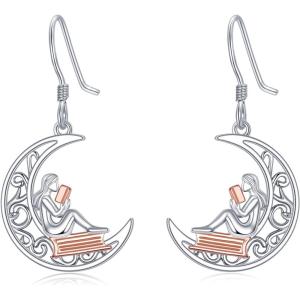 YFN 925 Sterling Silver Book Lover Necklace Reading Pendant for Women Graduation Gift Jewelry for Student Friends Classmate(B14 Moon Shaped)