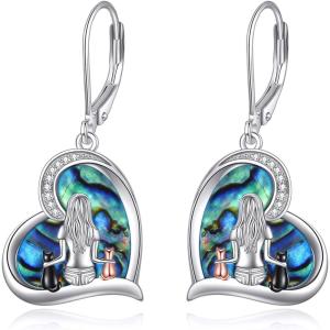 YFN Cat Earrings Sterling Silver Dangle Drop Leverback Earrings Jewelry Gifts for Women(Abalone-Cat Earrings)