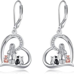 YFN Cat Earrings Sterling Silver Dangle Drop Leverback Earrings Jewelry Gifts for Women(Silver-3 Cat Earrings)