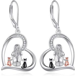 YFN Cat Earrings Sterling Silver Dangle Drop Leverback Earrings Jewelry Gifts for Women(Silver-Cat Earrings)