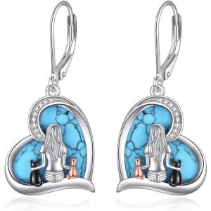 YFN Cat Earrings Sterling Silver Dangle Drop Leverback Earrings Jewelry Gifts for Women(Turquoise-Cat Earrings)