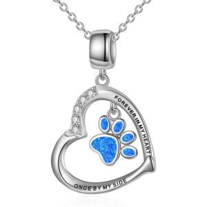 YFN Paw Print Necklace Sterling Silver Dog Cat Charms Pendant Cremation Jewelry Cat Dog Memorial Gifts for Women Girls(Blue Opal)