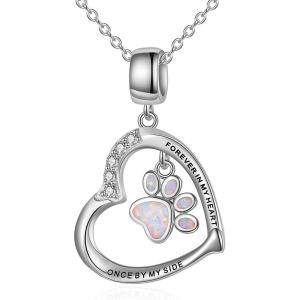 YFN Paw Print Necklace Sterling Silver Dog Cat Charms Pendant Cremation Jewelry Cat Dog Memorial Gifts for Women Girls(White Opal)