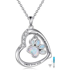 YFN Paw Print Necklace Sterling Silver Dog Cat Charms Pendant Cremation Jewelry Cat Dog Memorial Gifts for Women Girls(White Opal Paw Urn)