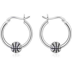 YFN Soccer Baseball Football Softball Basketball Pickleball Hoop Earrings Sterling Silver Small Huggie Hoop Earrings Gifts for Sensitive Ears(Basketball Earrings)