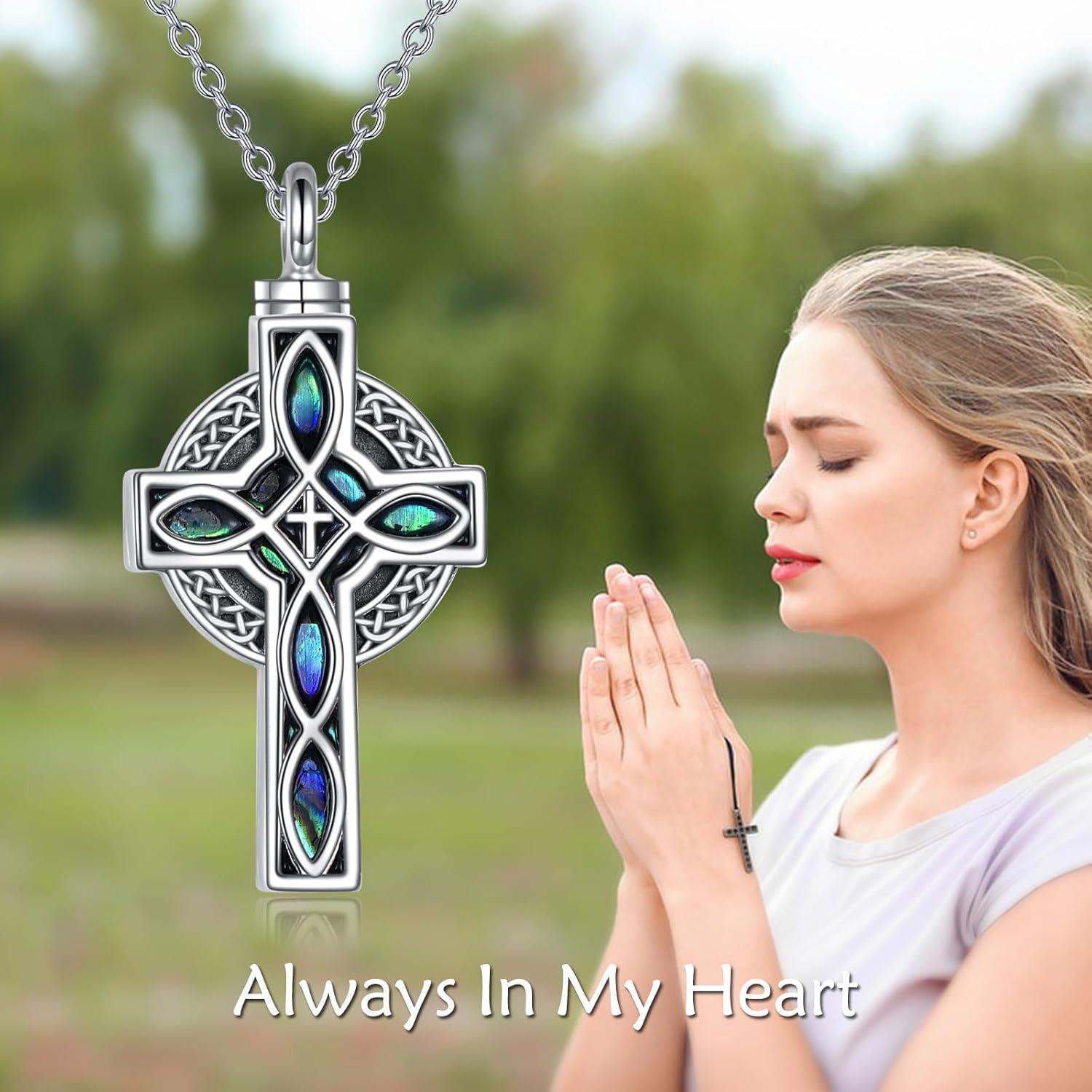 image:imageYFN Celtic Cross Urn Necklace Sterling Silver Celtic Knot Ashes Pendant Abalone Shell Cross Cremation Jewelry Gifts for Women MenCeltic Knot