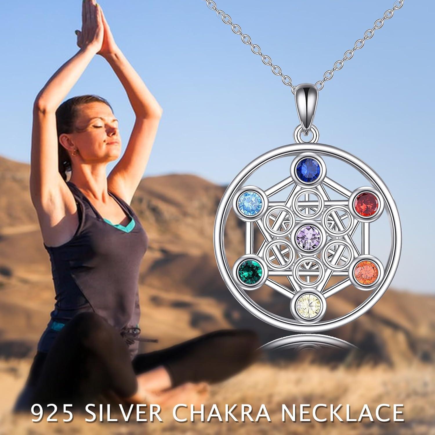 image:imageYFN Chakra Necklace Sterling Silver 7 Chakra Gemstone Pendant Spiritual Yoga Jewelry for Women MenCube