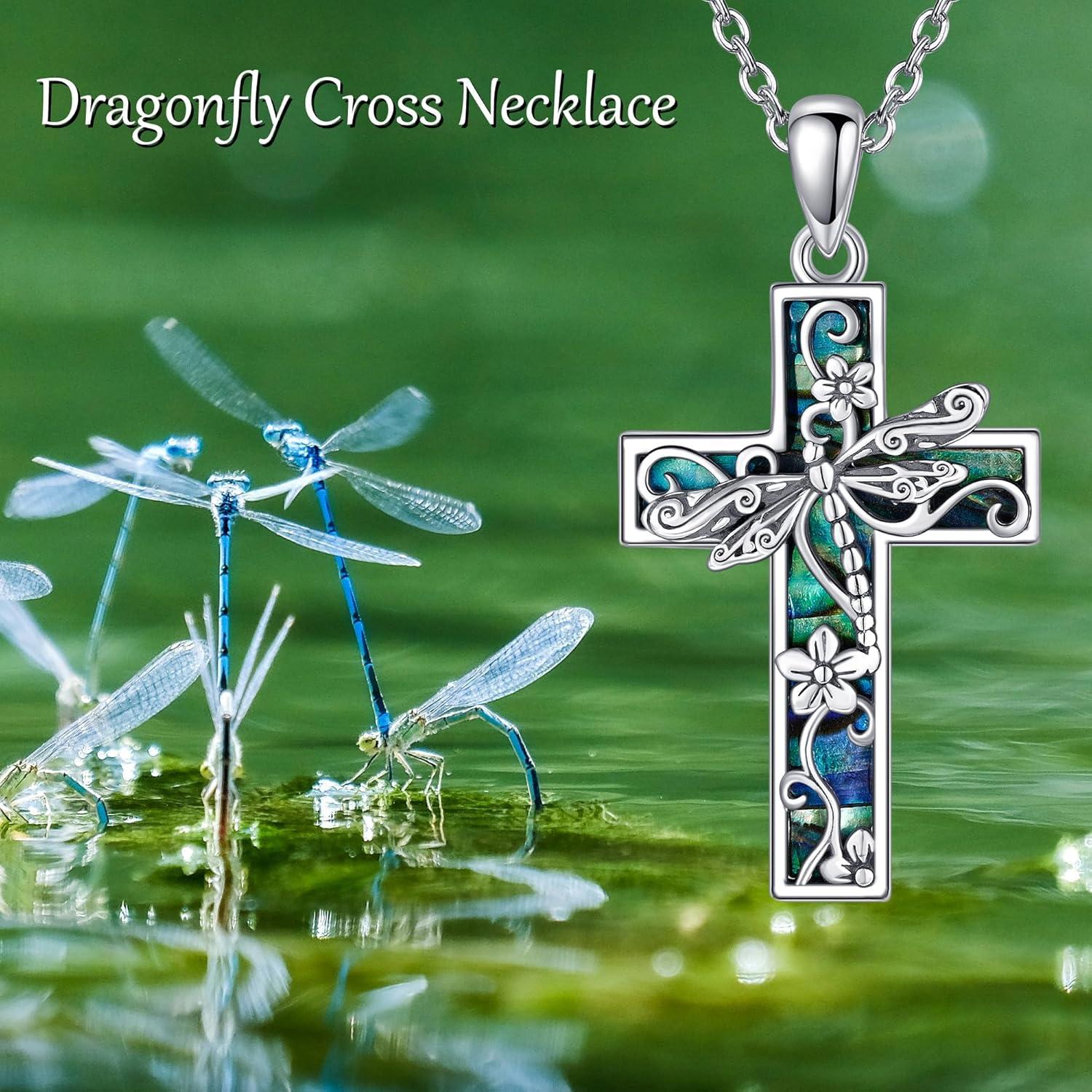 image:imageYFN Cross Necklace for Women 925 Sterling Silver Dragonfly Butterfly Hummingbird Tree of Life Abalone Shell Cross Pendant Necklace JewelryDragonfly
