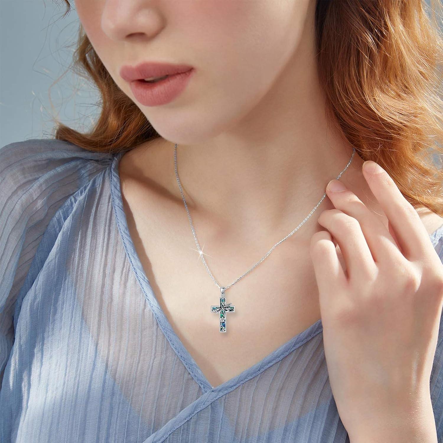 image:imageYFN Cross Necklace for Women 925 Sterling Silver Dragonfly Butterfly Hummingbird Tree of Life Abalone Shell Cross Pendant Necklace JewelryDragonfly