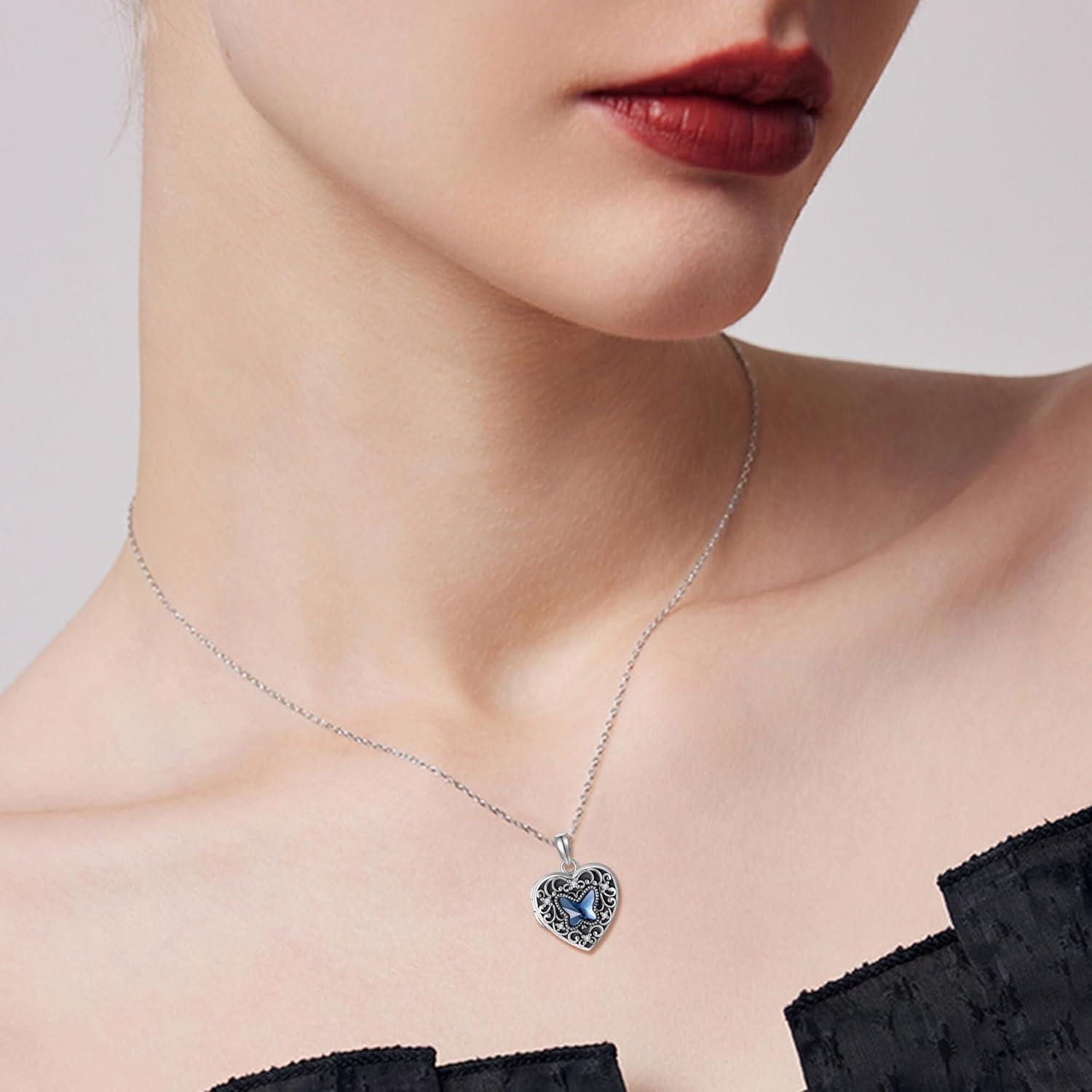 image:imageYFN Locket Necklace 925 Sterling Silver Heart Locket Necklace that Holds Pictures for Women Jewelry Giftsheart butterfly locket