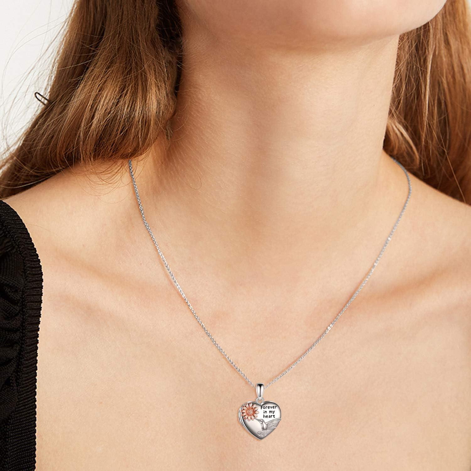image:imageYFN Locket Necklace 925 Sterling Silver Heart Locket Necklace that Holds Pictures for Women Jewelry Giftsheart hummingbird flower