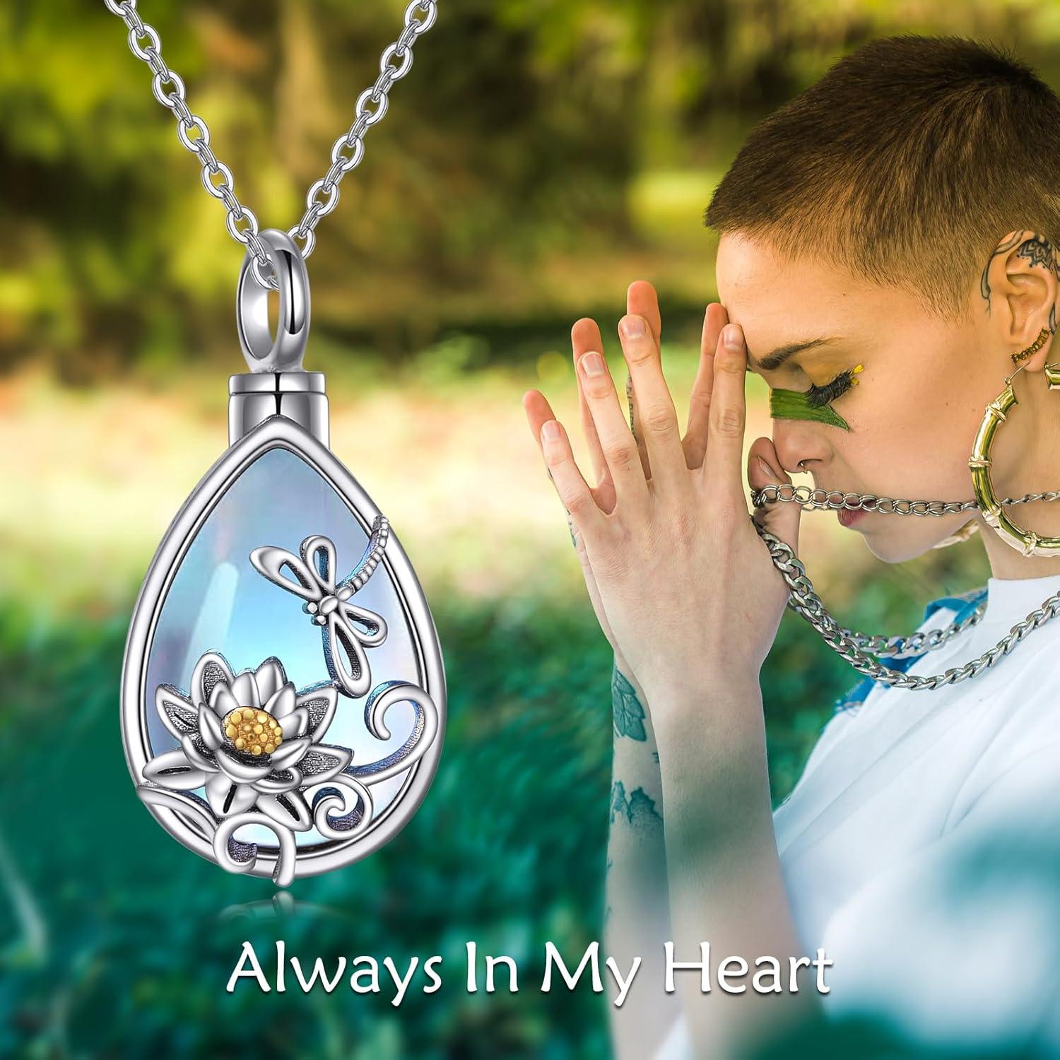 image:imageYFN Sterling Silver Urn Necklace Lotus Dragonfly Urn Necklace for Ashes Moonstone Cremation Memory Jewelry for Women