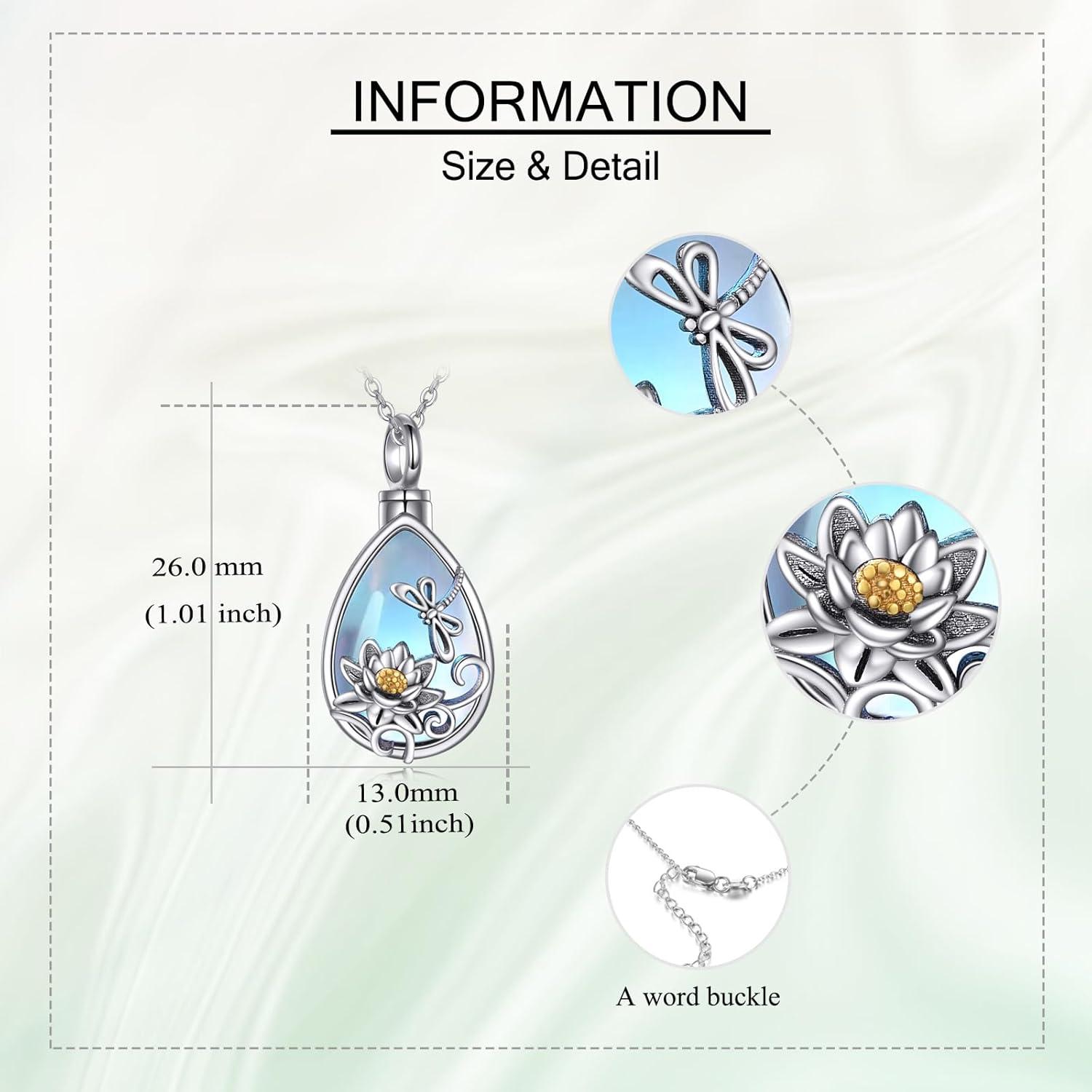 image:imageYFN Sterling Silver Urn Necklace Lotus Dragonfly Urn Necklace for Ashes Moonstone Cremation Memory Jewelry for Women