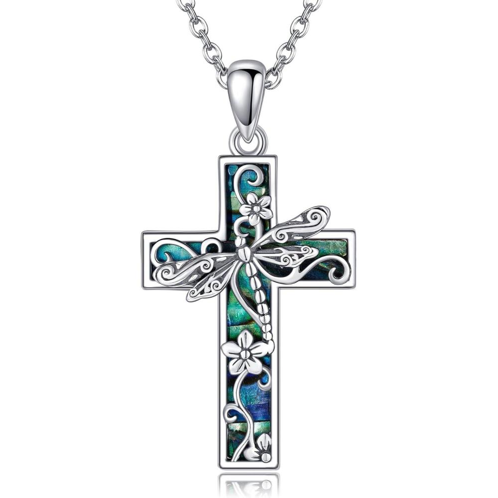 image:imageYFN Cross Necklace for Women 925 Sterling Silver Dragonfly Butterfly Hummingbird Tree of Life Abalone Shell Cross Pendant Necklace JewelryDragonfly