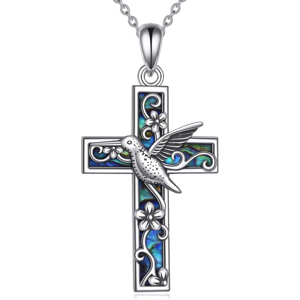 image:imageYFN Cross Necklace for Women 925 Sterling Silver Dragonfly Butterfly Hummingbird Tree of Life Abalone Shell Cross Pendant Necklace JewelryHummingbird