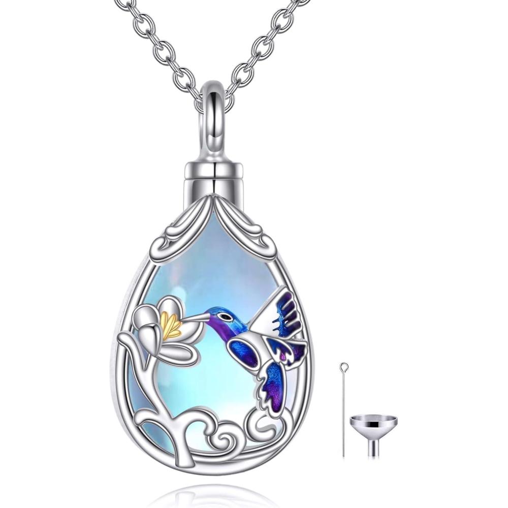 image:imageYFN Hummingbird Cremation Urn Necklace for Ashes 925 Sterling Silver Hummingbird Urn Moonstone Jewelry for Women Men