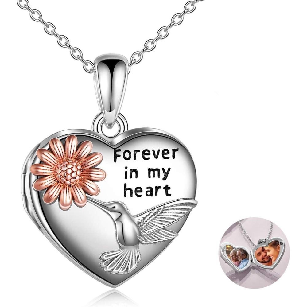image:imageYFN Locket Necklace 925 Sterling Silver Heart Locket Necklace that Holds Pictures for Women Jewelry Giftsheart hummingbird flower